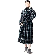 アイリスプラザ fondan 着る毛布 着丈125cm チェック柄 ブラック×ブルーSサイズ ポケット・ベルト付