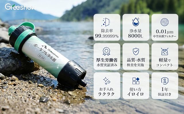 【8000L大容量&フィルター交換不要】Greeshow GS-289 － 中空糸膜フィルター採用 ポータブル浄水器 給水バッグ付き