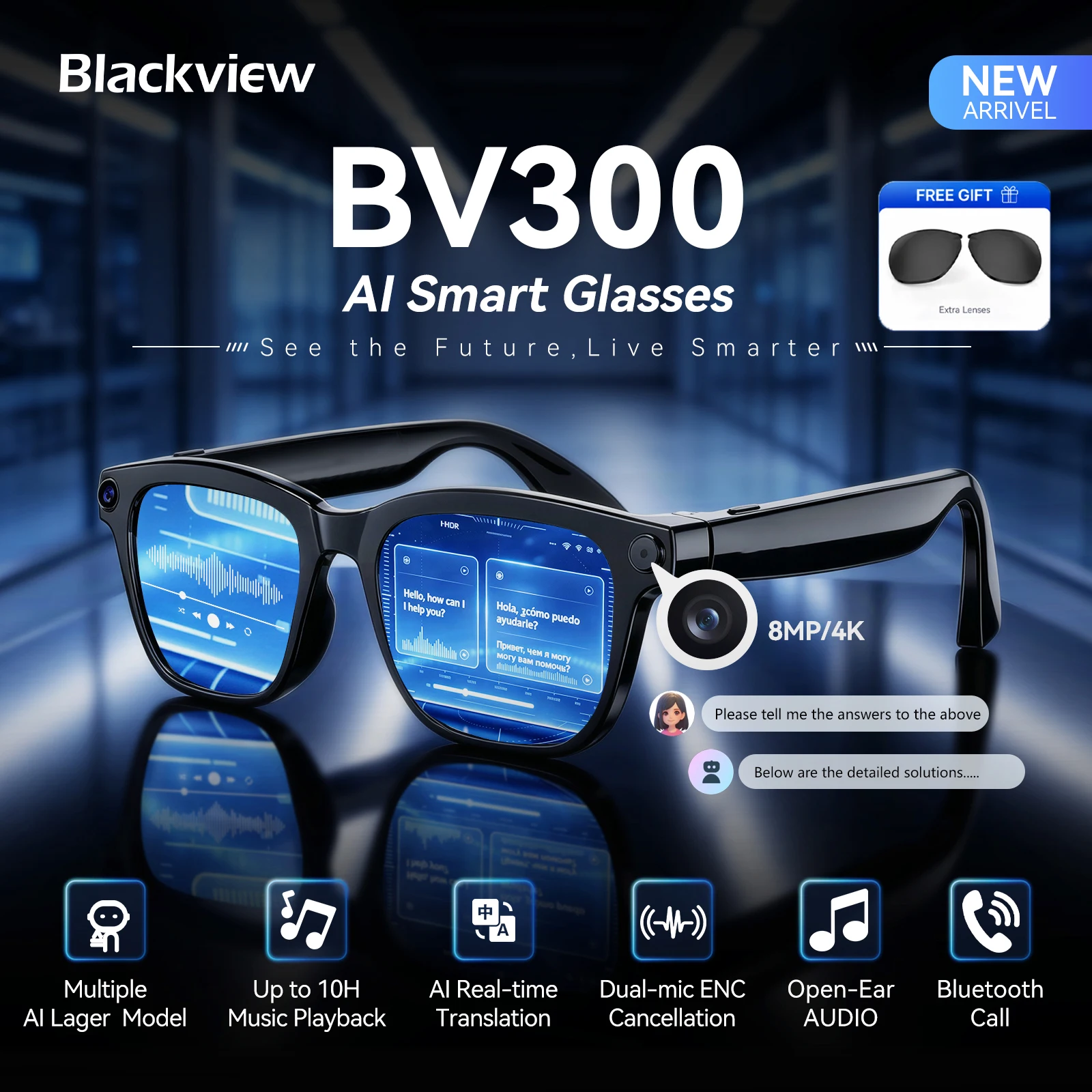 【$12.00 OFF！】Blackview BV300 4K AI Glasses － Sony製カメラ＆Bluetooth通話＆リアルタイム音声AI翻訳機能搭載モデルが$35.50送料無料