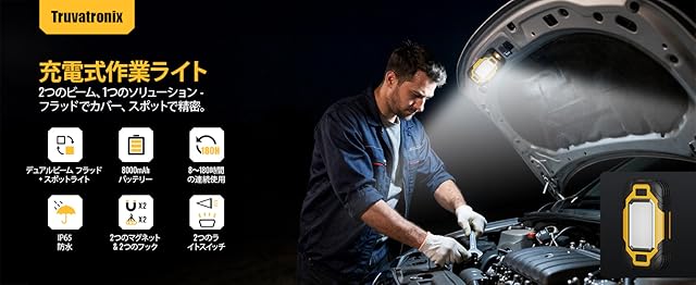 【50%OFF！】Truvatronix 8,000mAhバッテリー内蔵USB充電対応IP65防塵防水フック付きLEDワークライトが1,649円