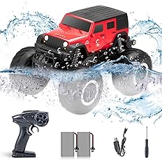 【50%OFF】【2,980円】 Carox 水陸両用 4WD 360°回転 防水 衝突防止機能搭載 充電式バッテリー2個付き オフロードラジコンカー