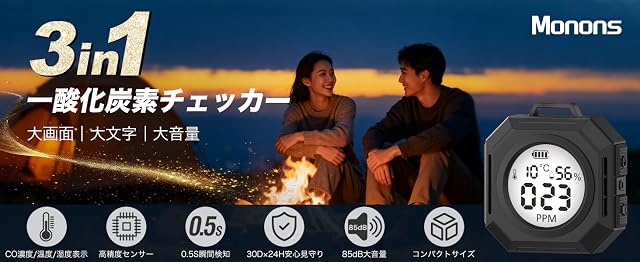 【50%OFF+32%ポイント！】Monons 3in1 一酸化炭素濃度/温度/湿度チェッカーが1,888円（実質679円）送料無料