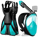【6%OFF+50%OFF】【1,837円】 Odoland フルフェイス型 ダイビングマスク+調整可能フィン+収納袋付き GoPro取付可能 シュノーケリングセット