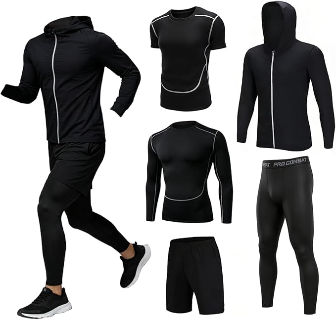 【77%OFF】【3,378円】 QulbltX メンズ 吸汗速乾 コンプレッションウェア 上下5点セット